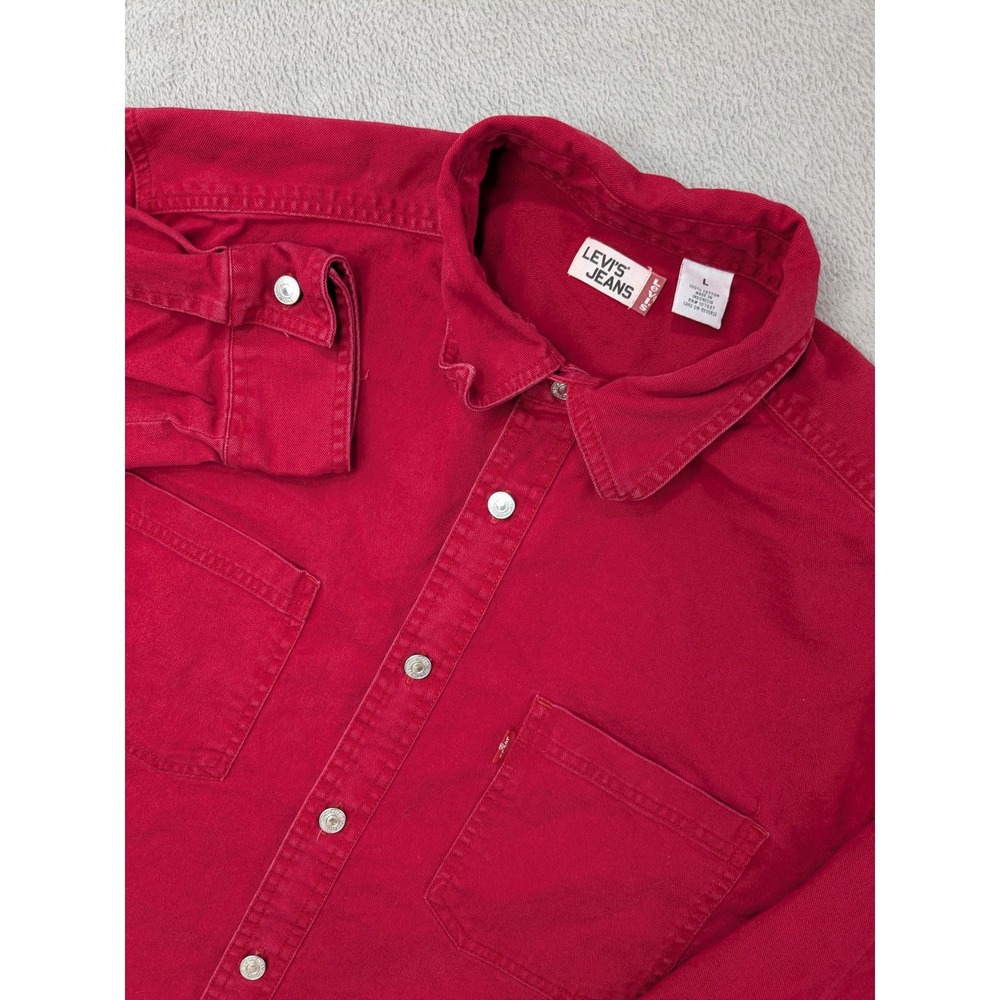 Levi Jeans Mens Red Long Sleeve Button Up Shirt Size Large Metal Buttons Work